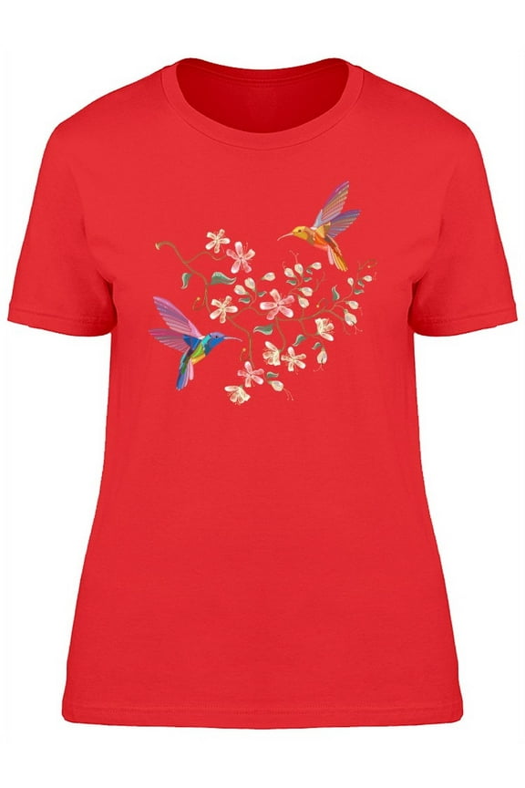 Womens Graphic Tee - Two Hummingbirds On Sakura Tree - Regular Fit 100% Cotton