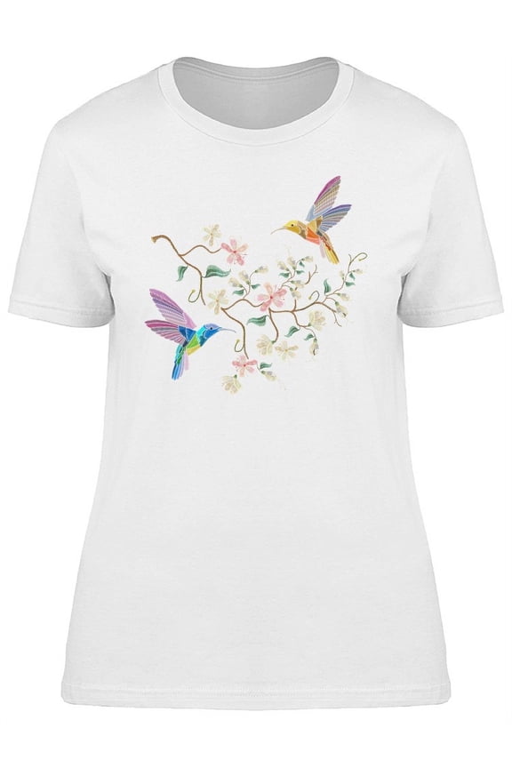 Womens Graphic Tee - Two Hummingbirds On Sakura Tree - Regular Fit 100% Cotton