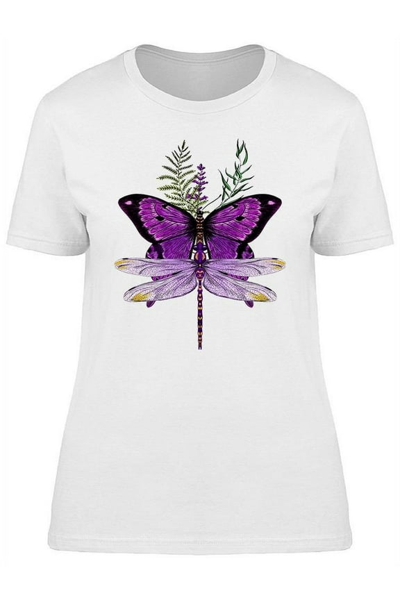 Womens Graphic Tee White - Purple Butterfly And Dragonfly 100% Cotton Regular Fit