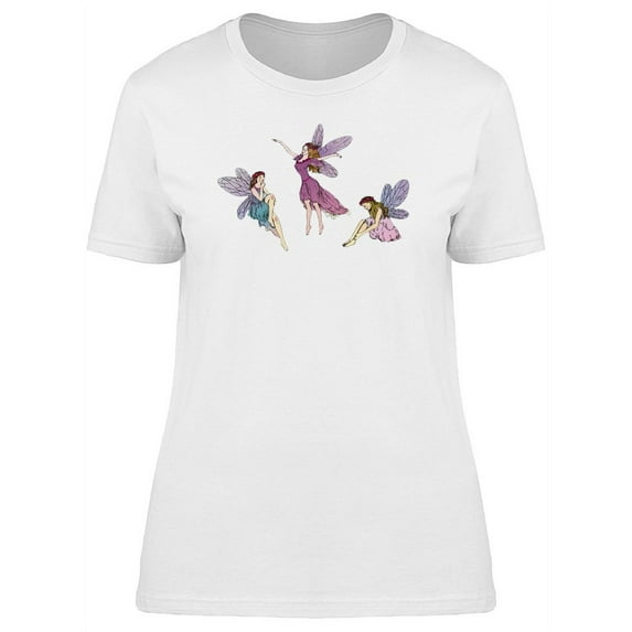 Smartprints Womens Graphic Tee White - Three Colored Young Fairies 100% Cotton Regular Fit