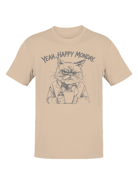 Yeah Happy Monday Grumpy Cat Men's T-Shirt Natural, Cotton, XL