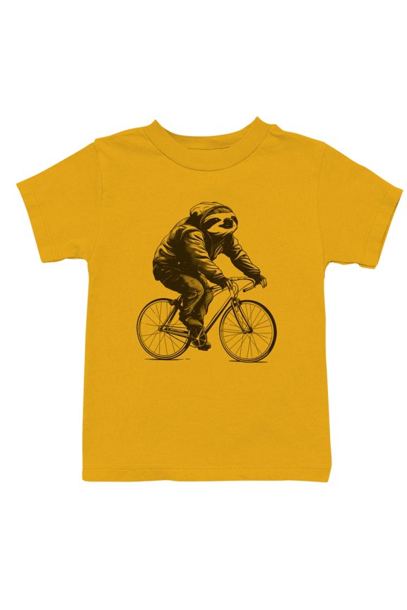 Youth's Sloth Riding Bicycle Illustration T-Shirt Gold, Cotton, L