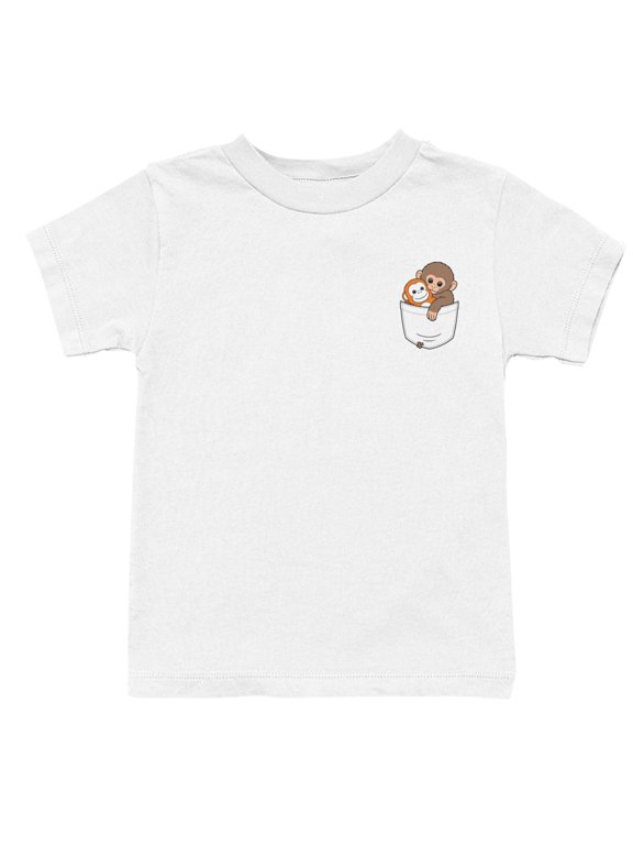 Youth's with Pocket Monkey Stuffed Toy Design T-Shirt White, Cotton, L