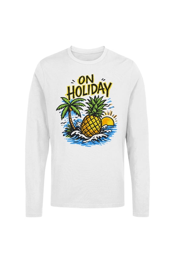 on Holiday Tropical Pineapple Shirt Men's Long Sleeve White, Cotton, XL