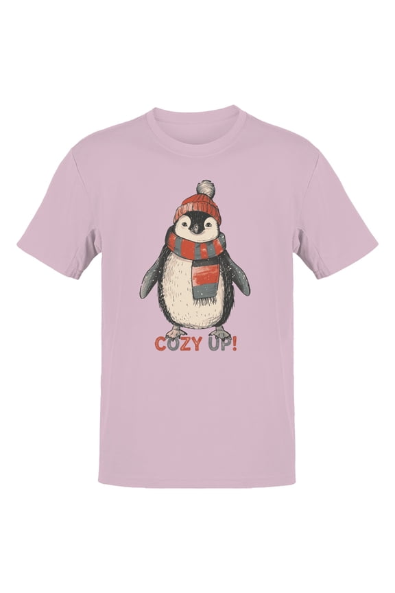 with Cozy Penguin Winter Illustration Men's T-Shirt Light Pink, Cotton, L