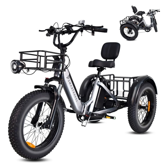 Smartravel Electric Tricycle for Adults 1200W Peak Motor 48V 30.5Ah Battery 20 Inch Fat Tires Cargo E Bike 25 MPH