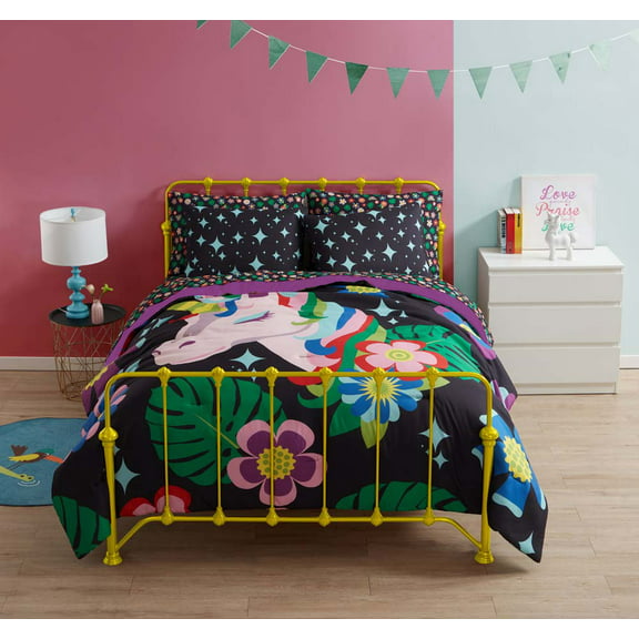 Smarts & Crafts 3-Piece Floral Unicorn Multicolor Microfiber Reversible Comforter Set, Full/Queen