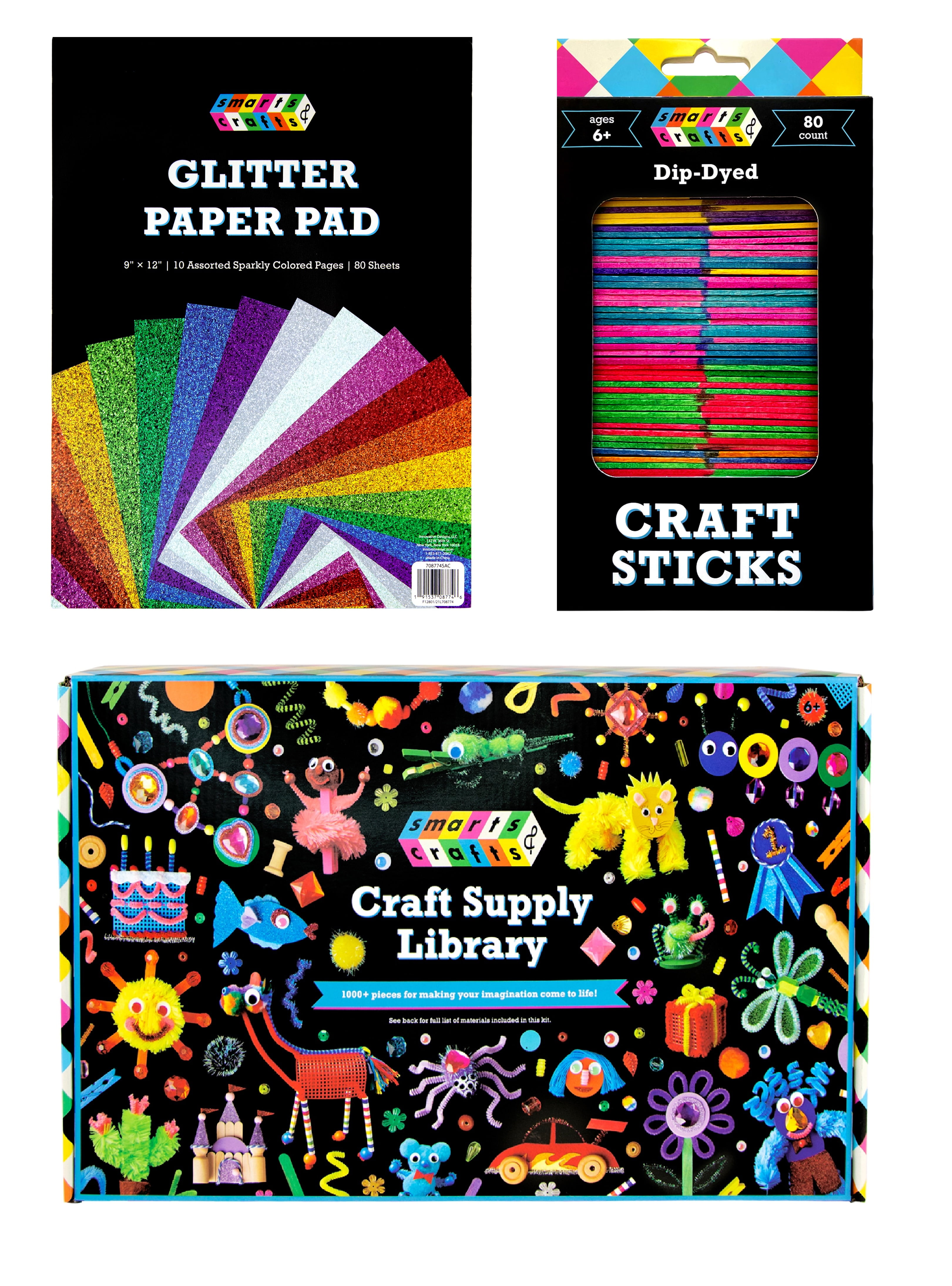 Smarts & Crafts Glitter Paper Pad + Dip-Dyed Craft Sticks + Craft Supply  Library 