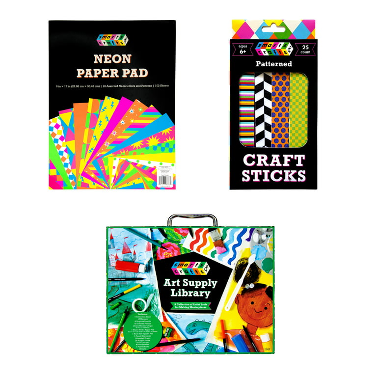 Smarts & Crafts Neon Paper Pad + Patterned Craft Sticks + Art Supply Library