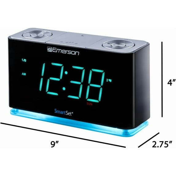 Smartset Alarm Clock Radio with , USB Charging & Cyan LED Display
