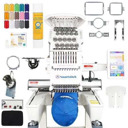 Smartstitch S-1001 Professional 10-Needle Embroidery Machine, 1200 SPM, 7" Touch Screen, 9.5"x14.2" Area - for Hats, T-Shirts, Denim & More