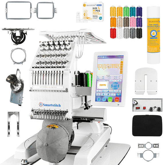 Smartstitch S-1201 Compact 12-Needle Embroidery Machine, 1200 SPM, 10" Screen, WiFi, 9.5"x12.6" Area - Perfect for Home Business & Crafts
