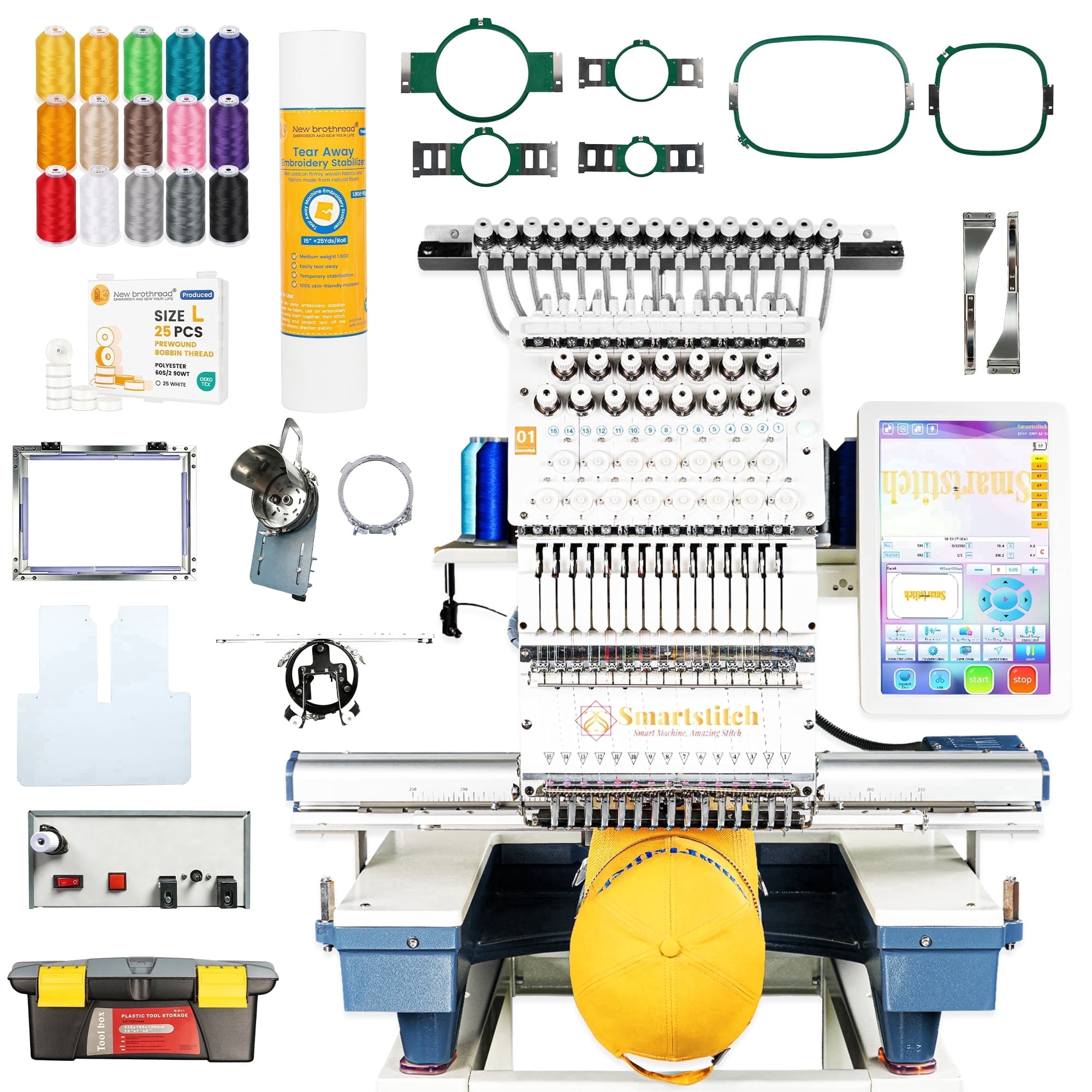 Smartstitch S-1501 Pro 15-Needle Embroidery Machine, 14"x20" Large Area, 1200 SPM, 12" Touch Screen, WiFi - Ultimate for Caps, Apparel & Business Growth (Blue Base)