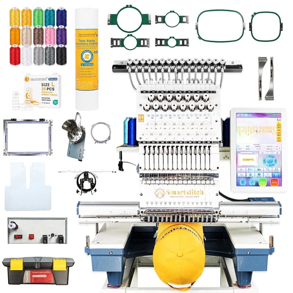 Smartstitch S-1501 Pro 15-Needle Embroidery Machine, 14"x20" Large Area, 1200 SPM, 12" Touch Screen, WiFi - Ultimate for Caps, Apparel & Business Growth (Blue Base)