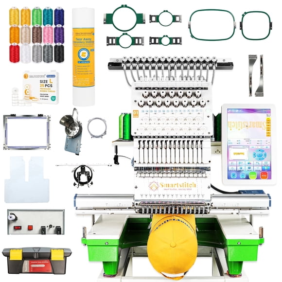Smartstitch S-1501 Pro 15-Needle Embroidery Machine, 14"x20" Large Area, 1200 SPM, 12" Touch Screen, WiFi - Ultimate for Caps, Apparel & Business Growth (Green Base)