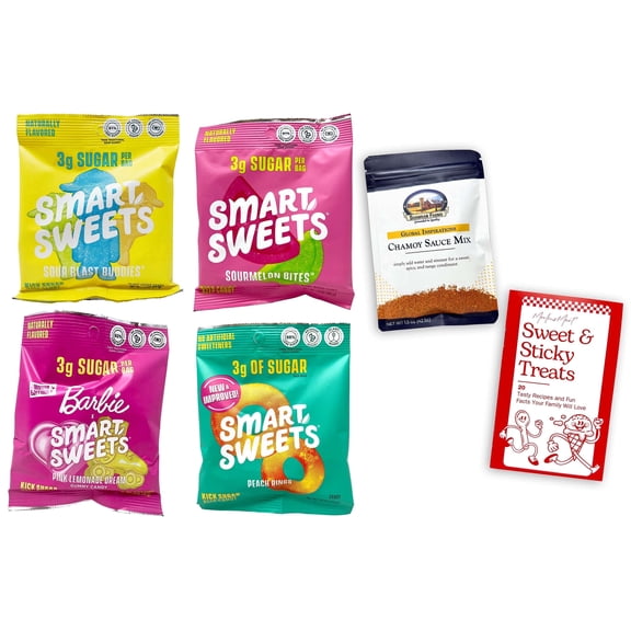 Smartsweets Gummy Candy - 4 Flavors; 1 Each: Sourmelon Bites, Peach Rings, Sour Blast Buddies, Pink Lemonade Dream | Shawhan Farms Chamoy Sauce Mix & MerlinsMart Zine
