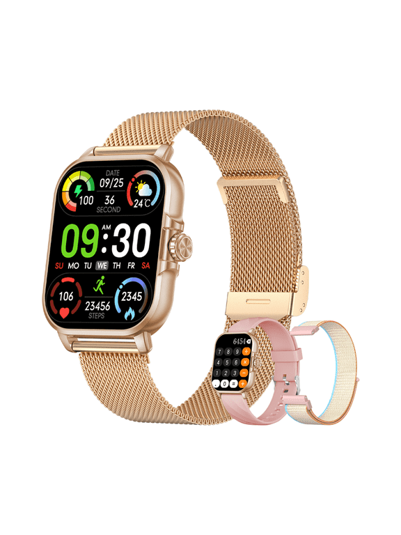 Smartwatch for Android and iPhone, Smart Watches for Women Men with 3 Watch Straps, 100+Sports Modes 2" Fitness Tracker, Answer/Make Calls/Message Reminder, Pedometer, Waterproof, Gold