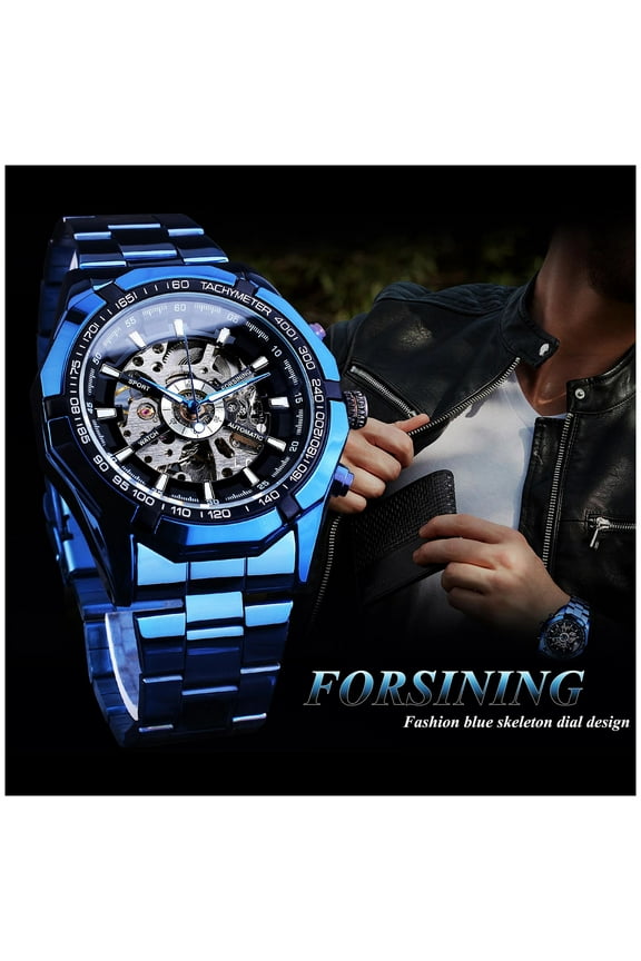 Smartwatches - Men's Watch Self-winding Skeleton Mechanical Automatic Watch, Blue And Black Stainless Steel Strap Watch