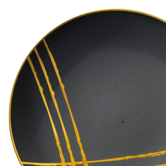 Smarty 10.25" Black with Gold Brushstroke Round Disposable Plastic Dinner Plates 120ct