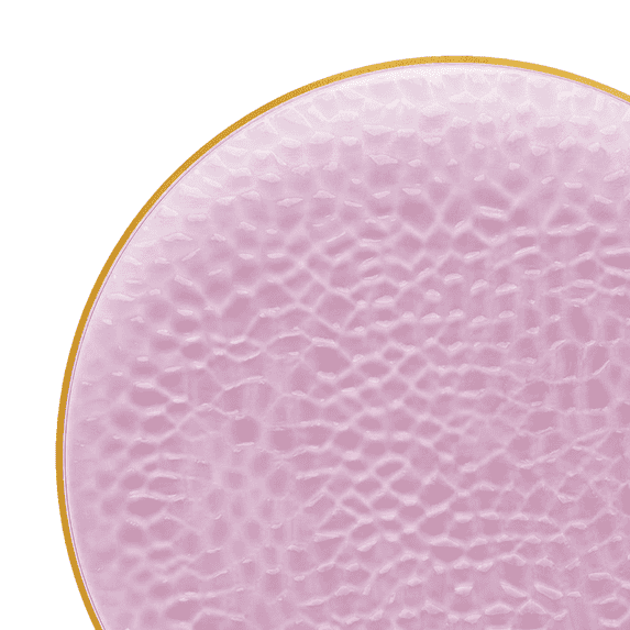 Smarty 10.25" Clear Pink with Gold Rim Hammered Glass Disposable Plastic Dinner Plates 120ct