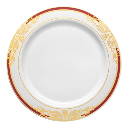 Smarty 10.25" White Burgundy Gold Harmony Rim Plastic Dinner Plates 120ct