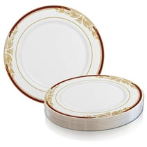 Smarty 10.25" White Burgundy Gold Harmony Rim Plastic Dinner Plates 120ct