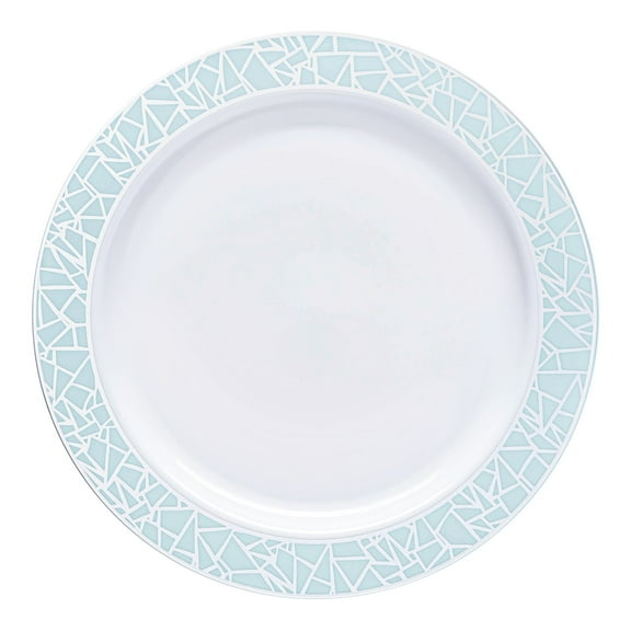 Smarty 10.25" White with Turquoise Blue and Silver Mosaic Rim Round Plastic Dinner Plates 120ct