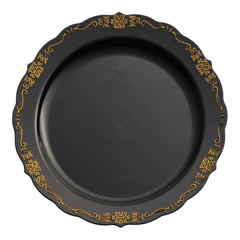 Smarty Had A Party 10 Black with Gold Vintage Rim Round Disposable Plastic Dinner Plates 120 Plates