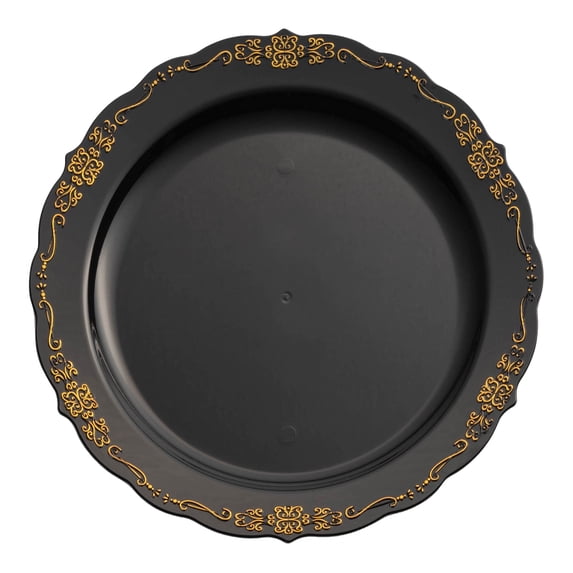Smarty 10" Black Gold Vintage Round Disposable Plastic Dinner Plates 120ct