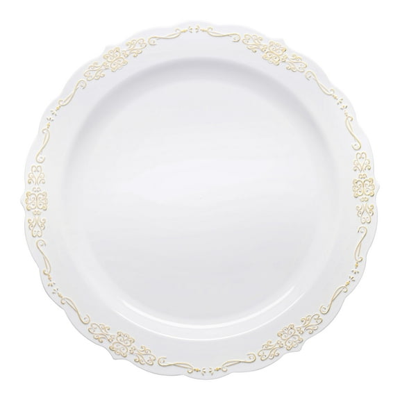 Smarty 10" White Gold Vintage Round Disposable Plastic Dinner Plates 120ct