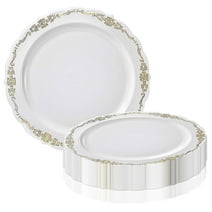 Smarty 10" White Gold Vintage Round Disposable Plastic Dinner Plates 120ct