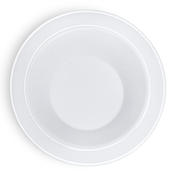 Smarty 12 oz. White w/ Silver Edge Rim Disposable Plastic Soup Bowls 120ct