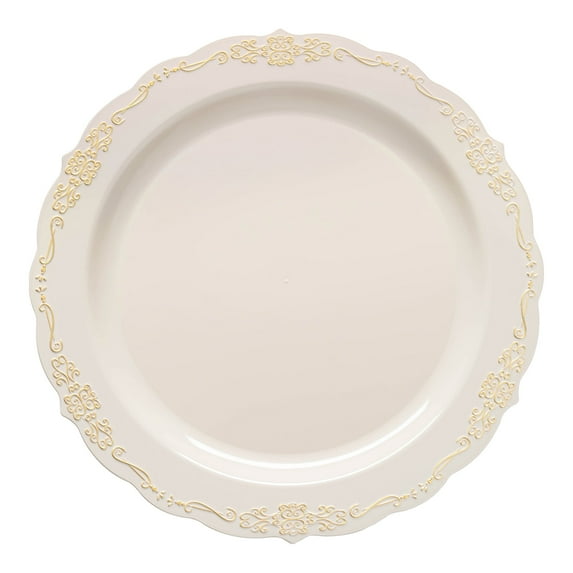 Smarty 7.5" Ivory with Gold Vintage Round Plastic Salad Plates 120ct