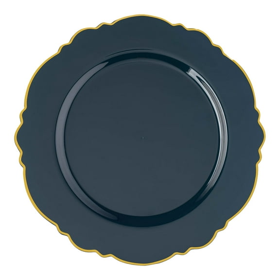 Smarty 7.5" Navy with Gold Rim Round Blossom Disposable Plastic Salad Plates 120ct