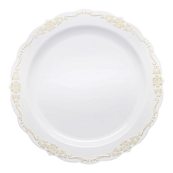 Smarty 7.5" White Gold Vintage Round Disposable Plastic Salad Plates 120ct