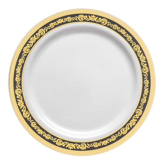 Smarty 7.5" White w/ Black & Gold Royal Rim Plastic Salad Plates 120ct