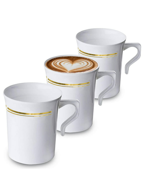 Smarty 8 oz. White with Gold Edge Rim Round Plastic Coffee Mugs 120ct