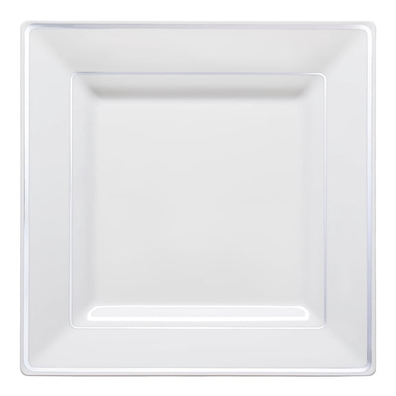 Smarty 9.5" White Silver Square Edge Disposable Plastic Dinner Plates 120ct