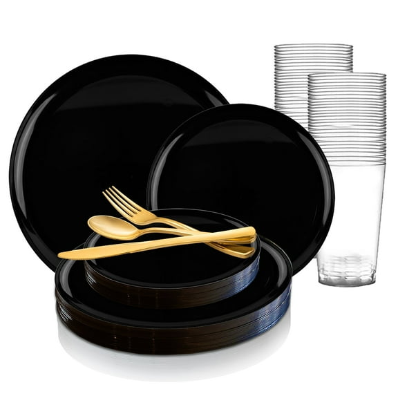 Smarty Black Flat Round Disposable Plastic Wedding Value Set (60 Guests)