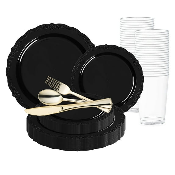 Smarty Black Vintage Disposable Plastic Wedding Value Set (120 Guests)