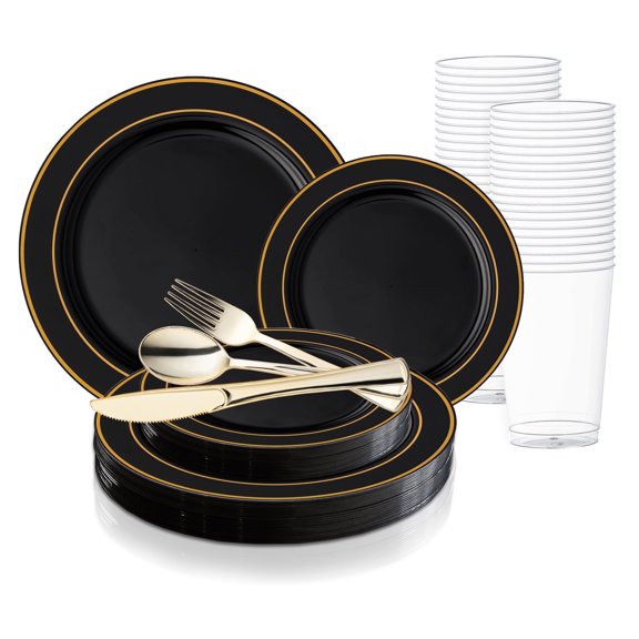 Smarty Black with Gold Edge Rim Plastic Wedding Value Set (120 Guests)