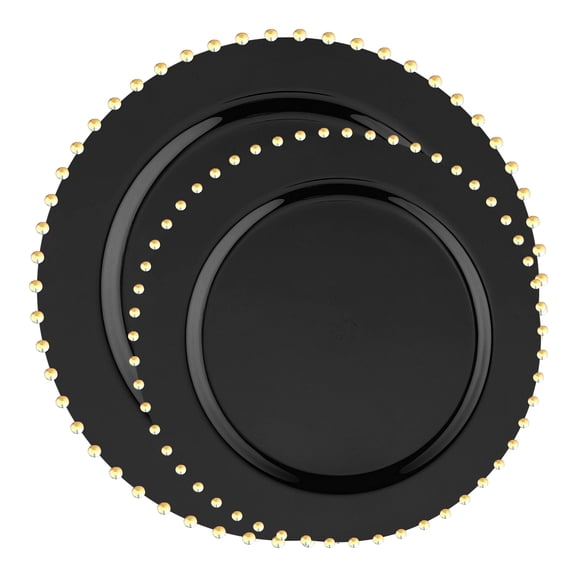 Smarty Black with Gold Pearl String Round Disposable Plastic Dinnerware Value Set (120 Sets)