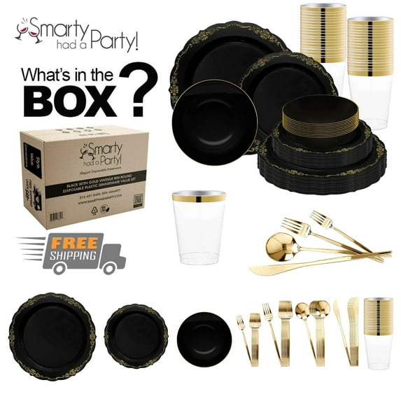 Smarty Black with Gold Vintage Disposable Plastic Tableware Set (60 Guests)