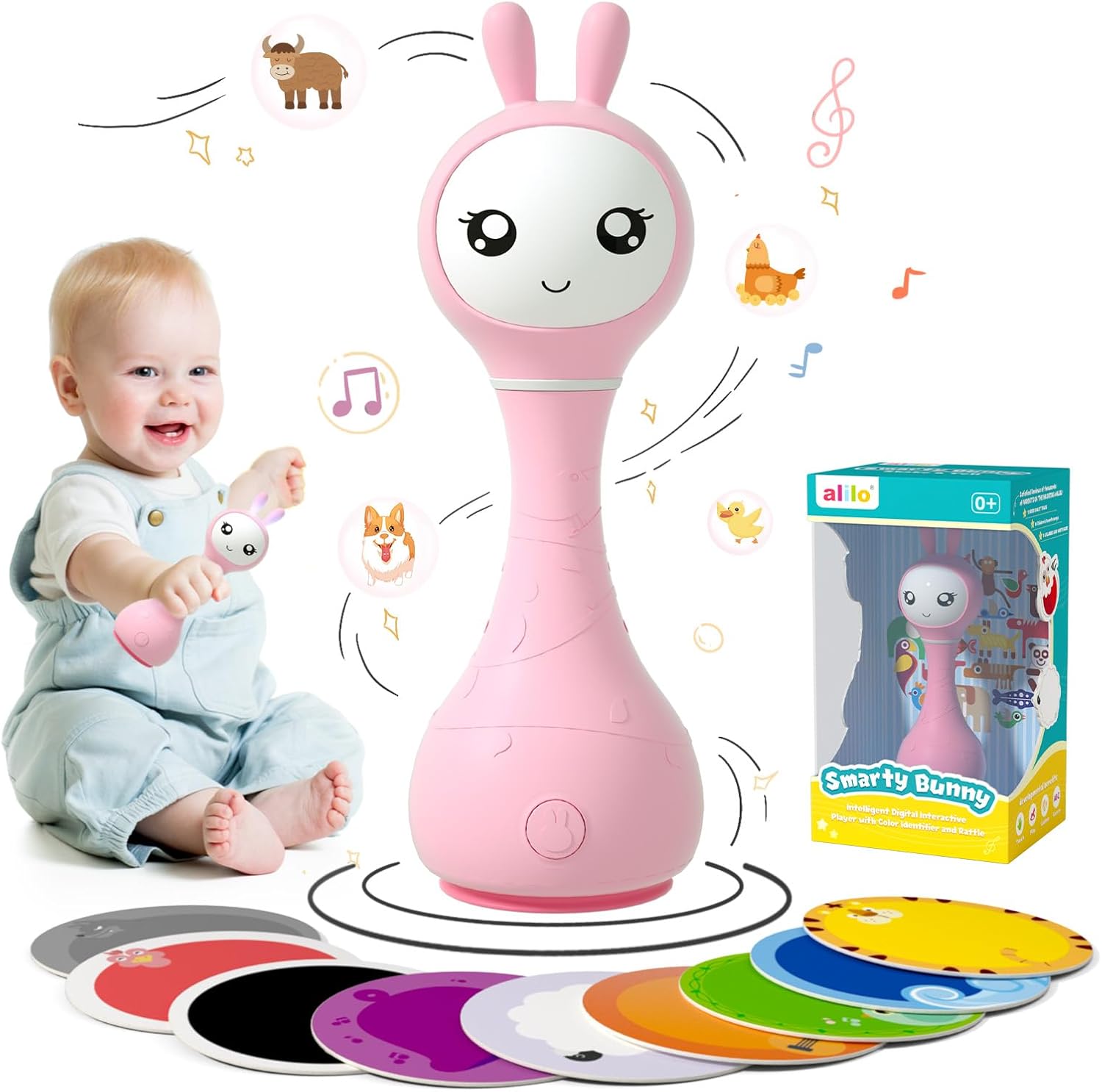 Smarty Bunny Baby Rattle Musical Light Up Toys, Infants Newborns Baby Toys 0-3-6-12-18-24 Months,1 Year Old Baby Girl Gifts, 4 Music Modes and Color Recognition Function with 9 Color Card