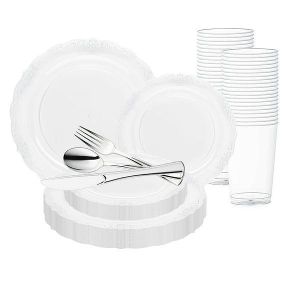 Smarty Clear Silver Vintage Disposable Plastic Wedding Value Set (60 Guests)