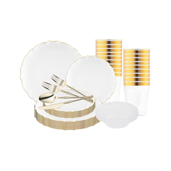 Smarty Clear with Gold Rim Round Lotus Plastic Tableware Set (120 Guests)