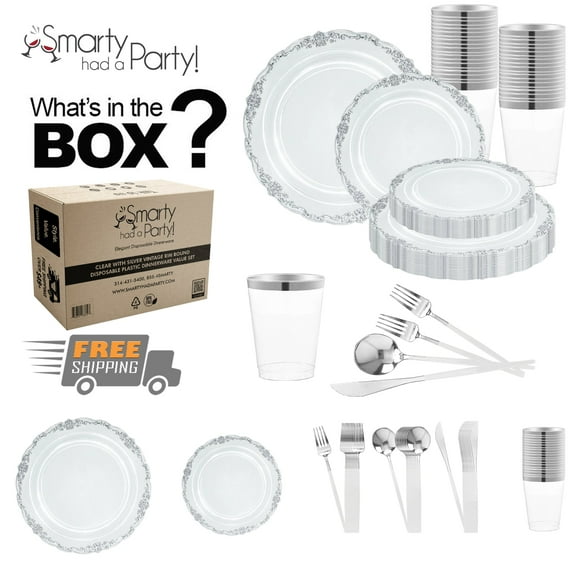 Smarty Clear with Silver Vintage Disposable Plastic Tableware Set (60 Guests)