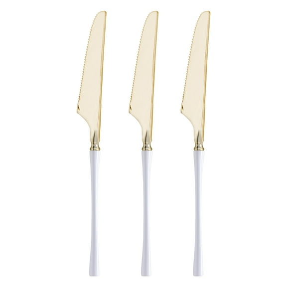 Smarty 8.8" Gold with White Handle Moderno Disposable Plastic Dinner Knives 240 ct