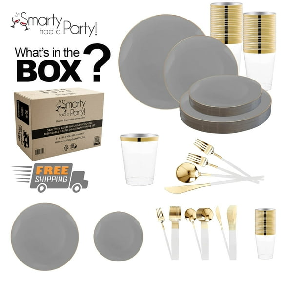 Smarty Gray with Gold Organic Disposable Plastic Tableware Set (60 Guests)