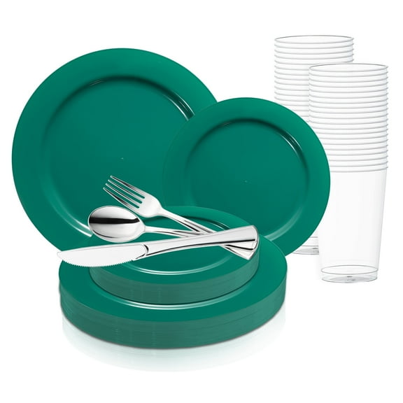 Smarty Green Holiday Round Disposable Plastic Wedding Value Set (60 Guests)